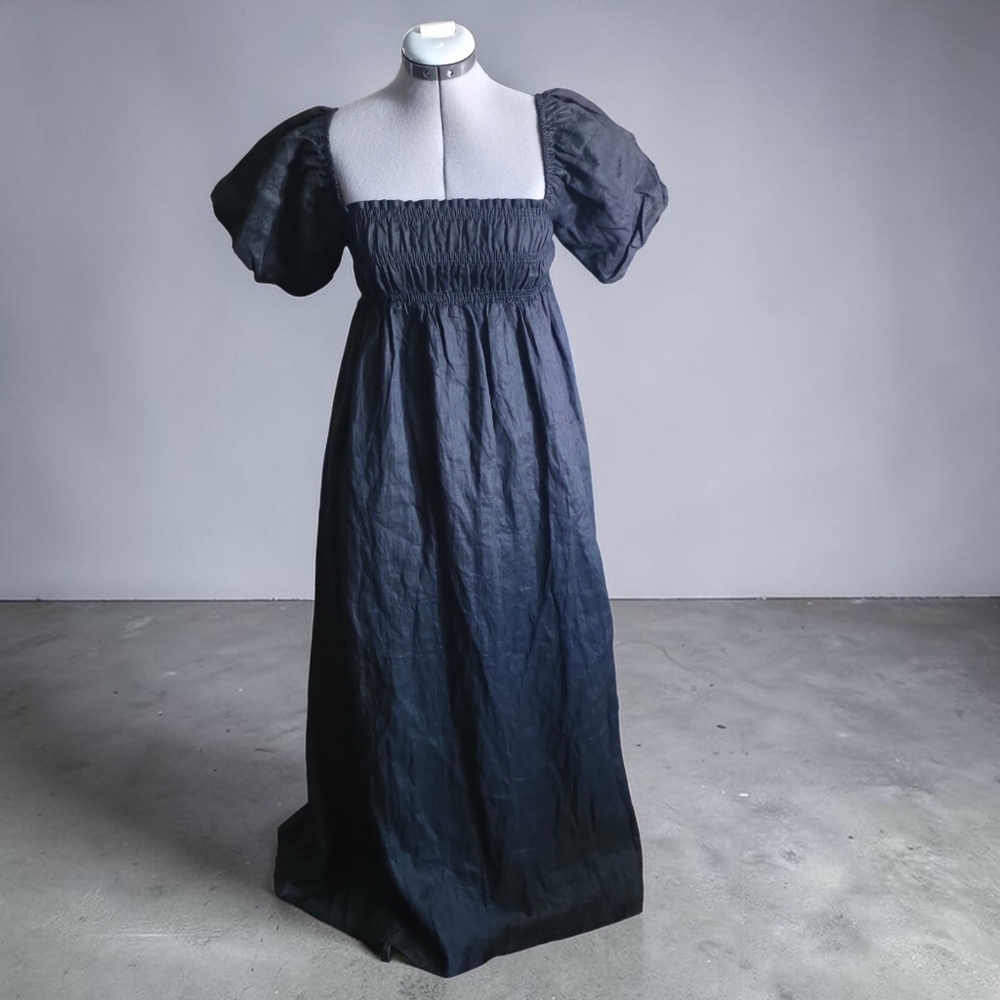 DISSH Black Linen Puff Sleeve Maxi Dress Smocked Bodice Square Neck Size US 4 AU